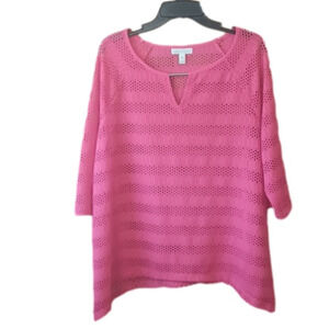 e2-16 Sharkbite sheer open weave knit mesh hot pink fuschia top 3/4 sleeves XL